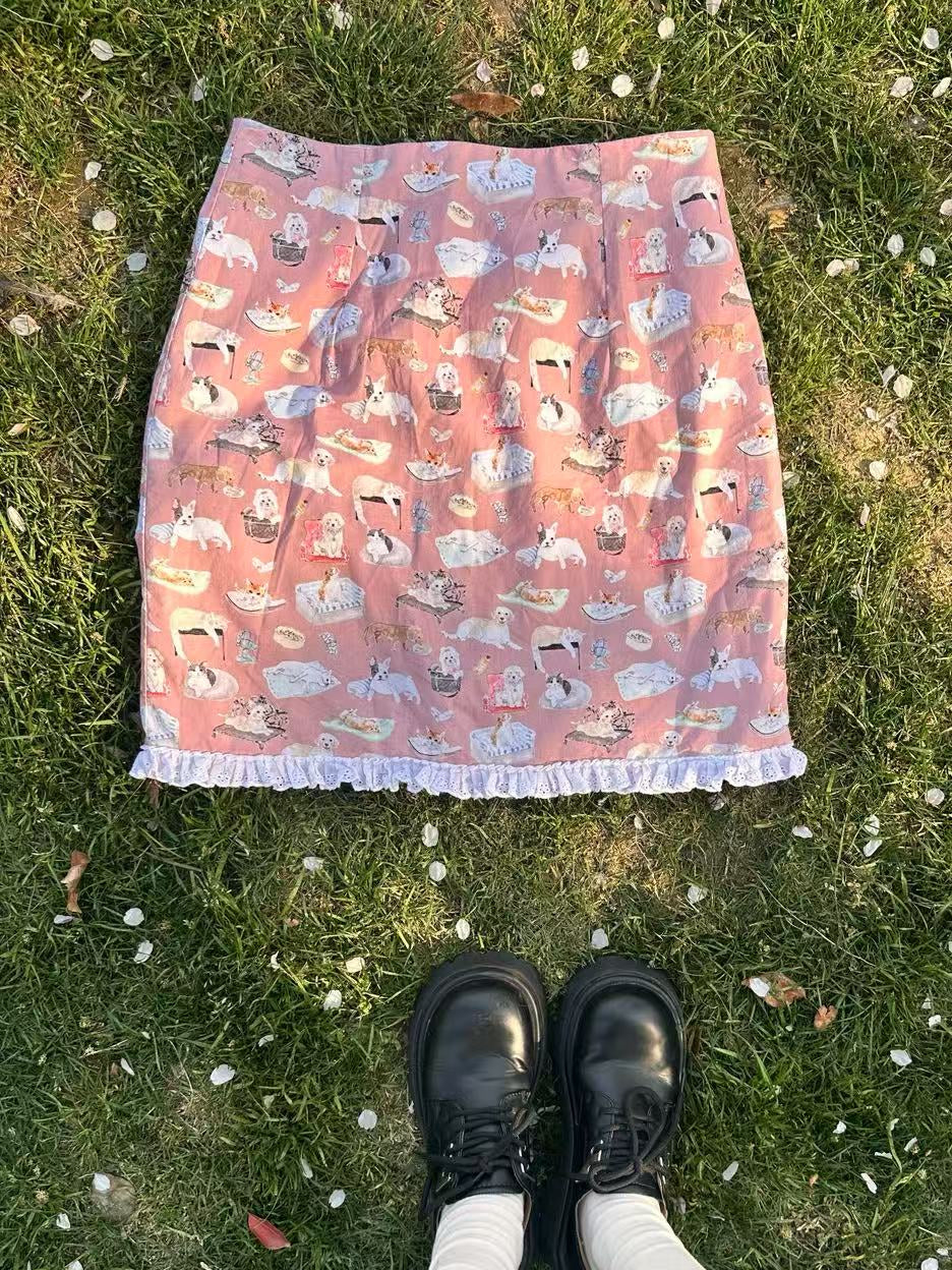 Romantic Rimande Café - Cat Print A-Line Mini Skirt