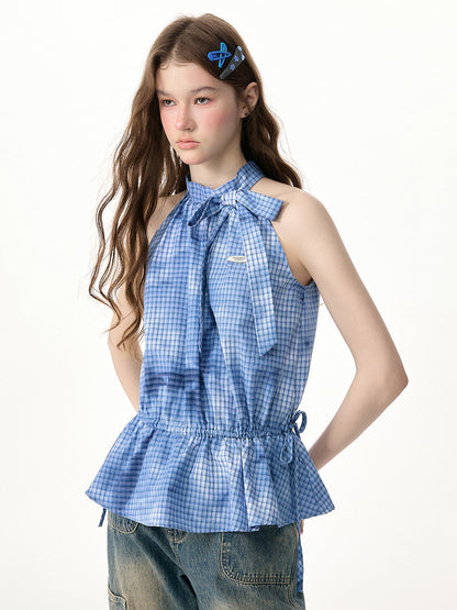 ziziFei - Blue Plaid Bow Halter Top shirt ziziFei