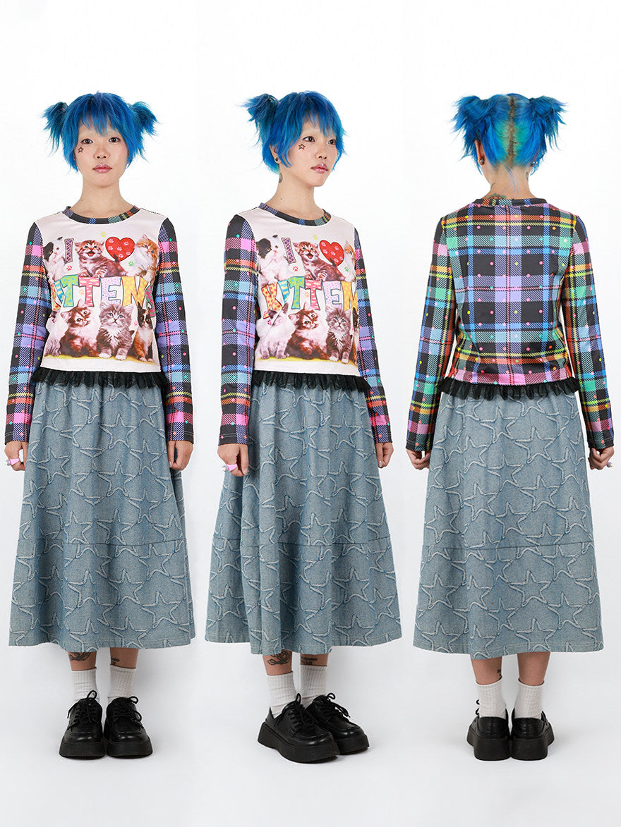 Nihonkids - I Love Cats Plaid Long Sleeve Tee shirt NIHON KIDS