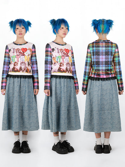 Nihonkids - I Love Cats Plaid Long Sleeve Tee shirt NIHON KIDS