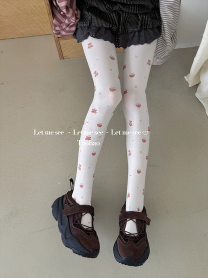LET ME SEE - Cartoon Bear Print White Tights tights let me see