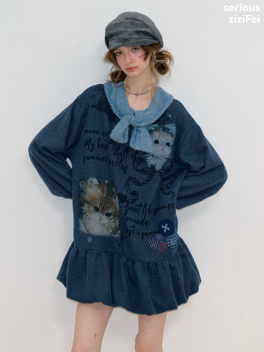 ziziFei - Navy Cat Print Bow Collar Knit Dress dress ziziFei
