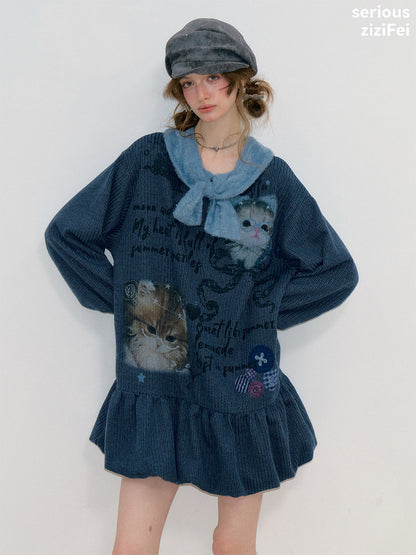 ziziFei - Navy Cat Print Bow Collar Knit Dress dress ziziFei