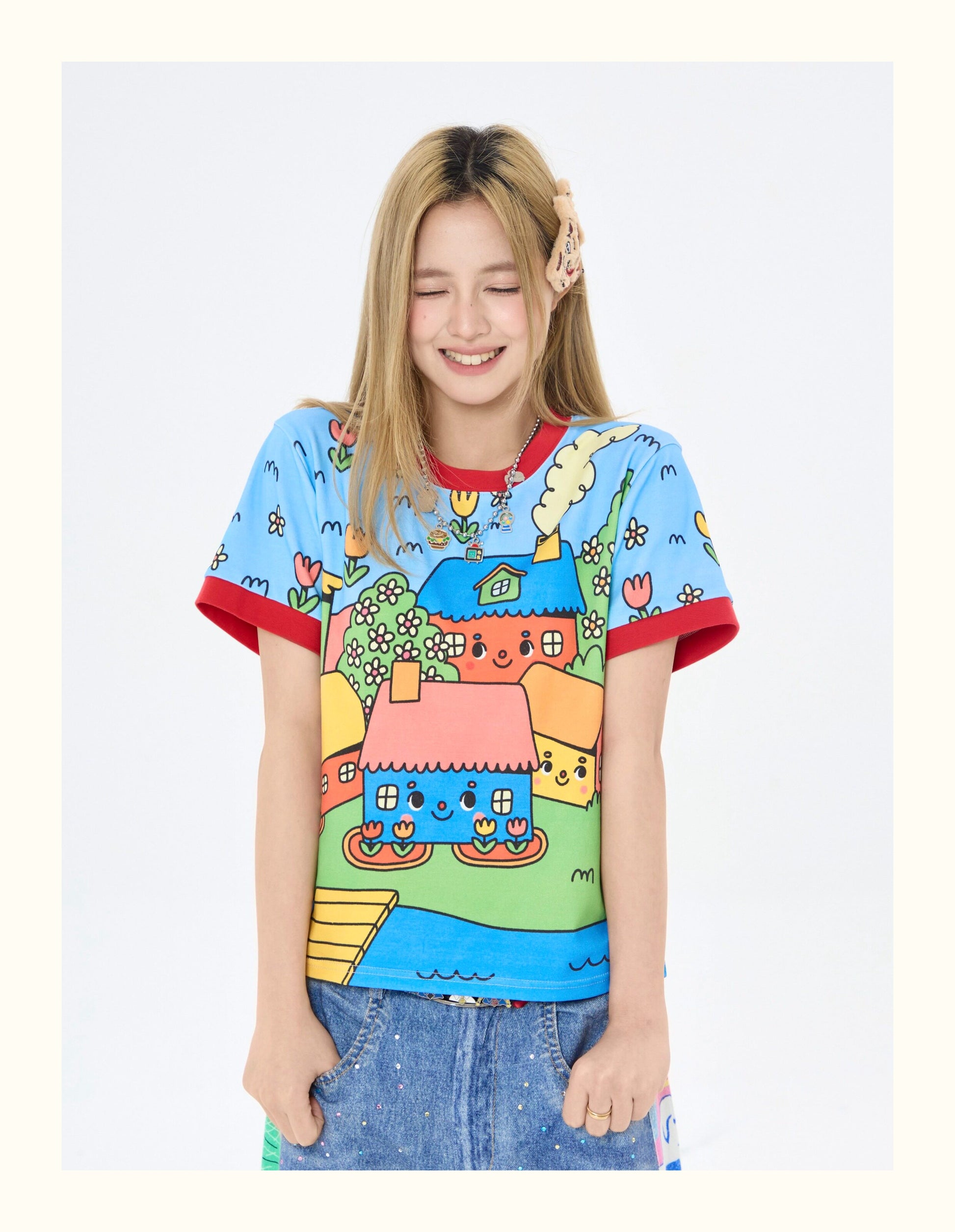 Robootoo - Blue Cartoon Town Print T-Shirt tshirt Robootoo