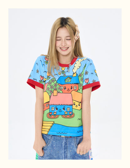 Robootoo - Blue Cartoon Town Print T-Shirt tshirt Robootoo
