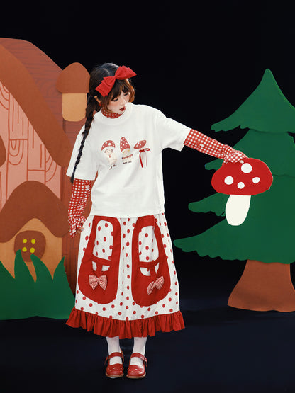 Meugler – Kawaii Red Mushroom Print Bow T-Shirt tshirt Meugler