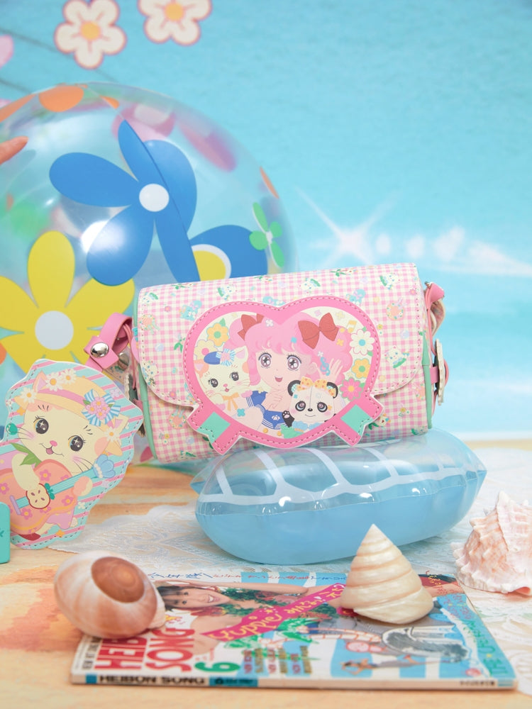 Lutra Jump Decora Kei Bag | Pink Plaid Girl Heart Crossbody Bag | Summer Beach & Cat Print bag Lutra Jump