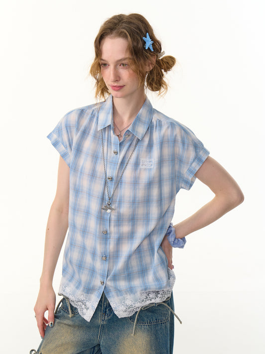 ziziFei - Girly Blue Plaid Lace Short Sleeve Shirt