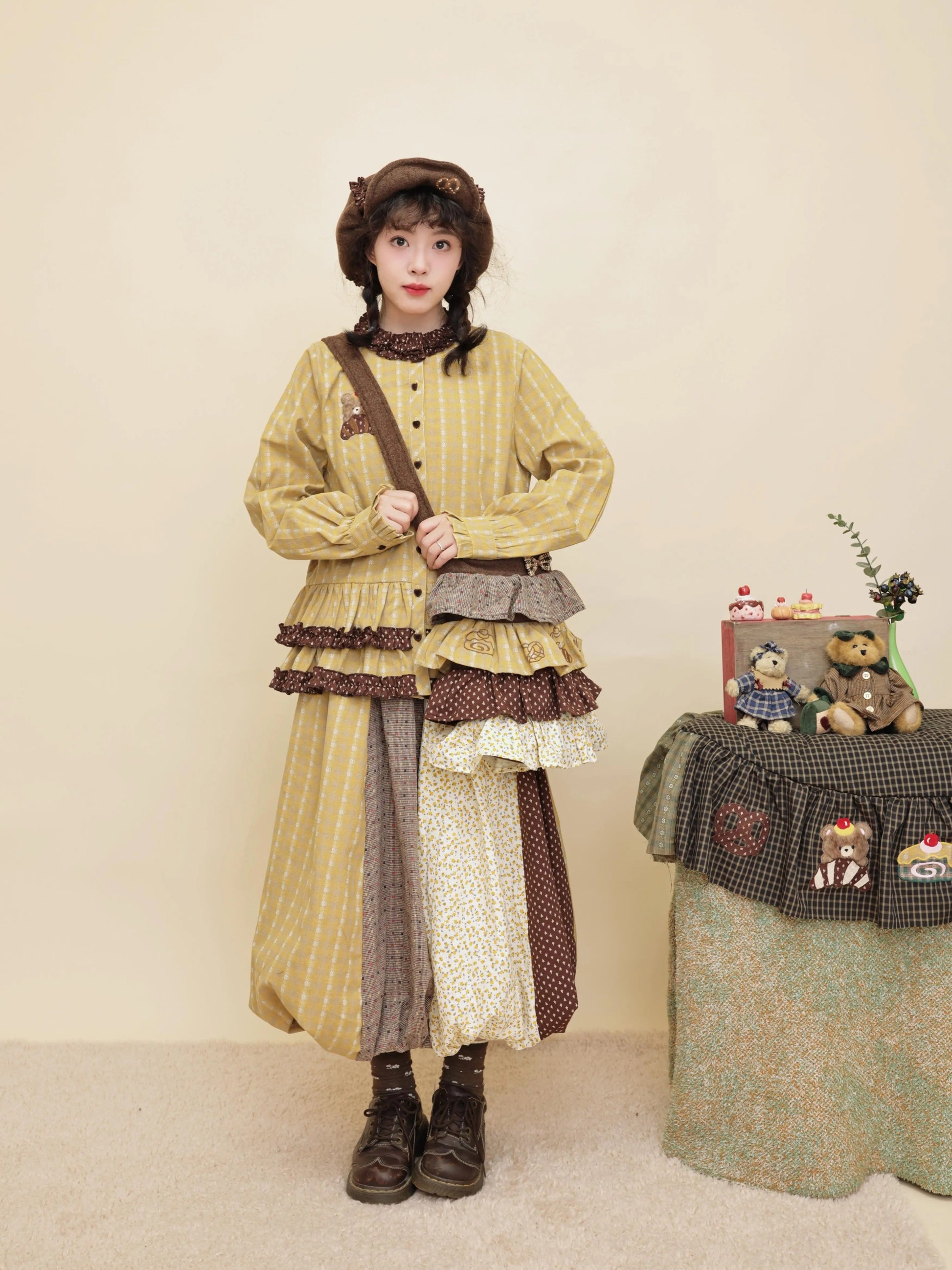 SemenCoicis - Kawaii Vintage Mustard Brown Patchwork Floral Puff Skirt skirt SemenCoicis