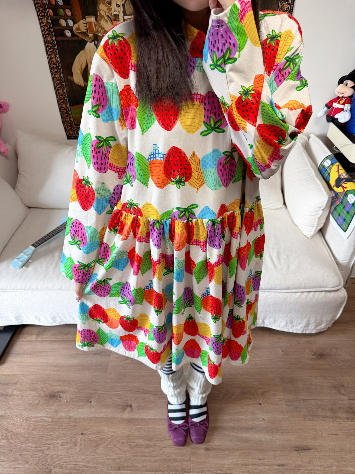 bunnybunnygun - Strawberry Print Relaxed Long-Sleeve Dress dress bunnybunnygun