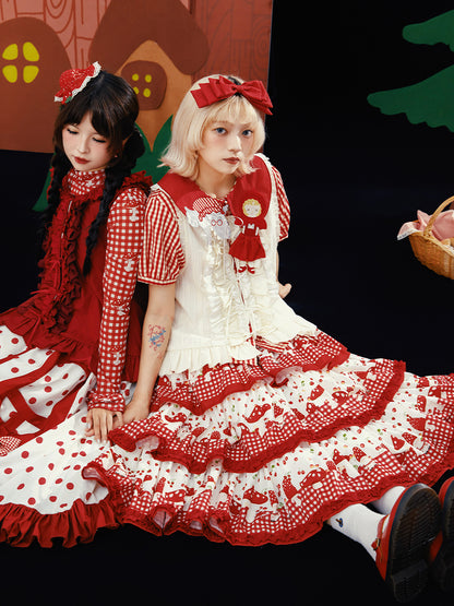 Meugler – Kawaii Mushroom Print Red Plaid Layered Cake Skirt