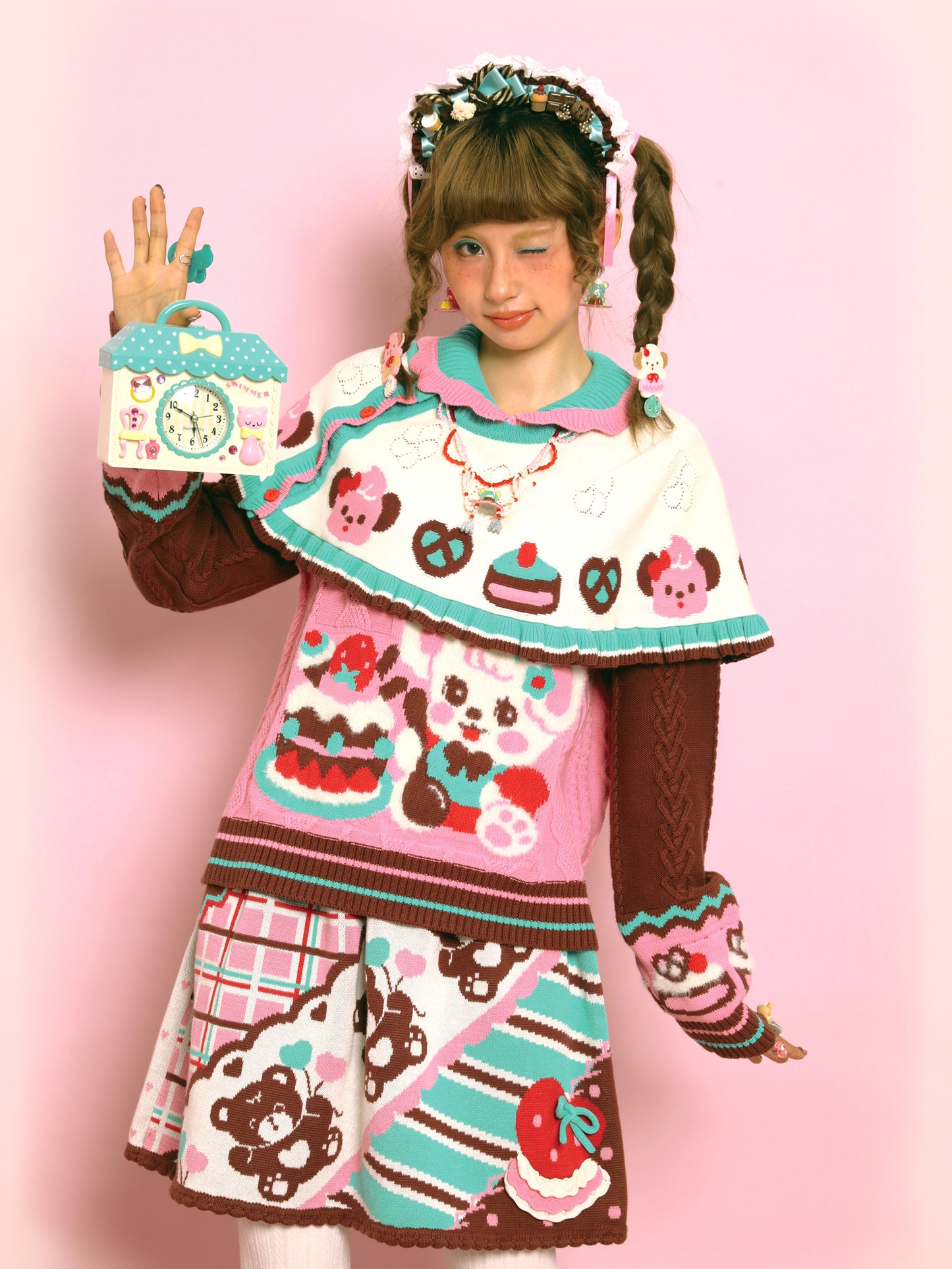 LutraJump - Kawaii Pink Bunny Cable Knit Sweater Cape sweater Lutra Jump