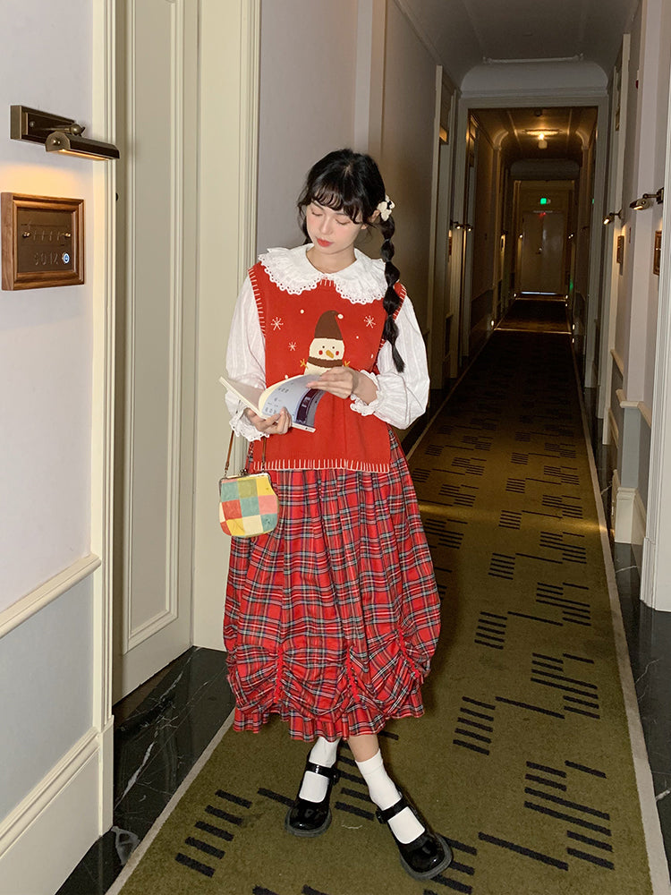 Mameya - Kawaii Red Plaid Bubble Skirt Adjustable Strap Mid-Length dress Mameya