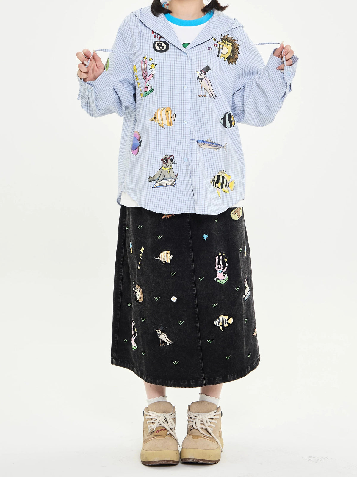 Robootoo - Embroidered Animal Denim A-Line Skirt