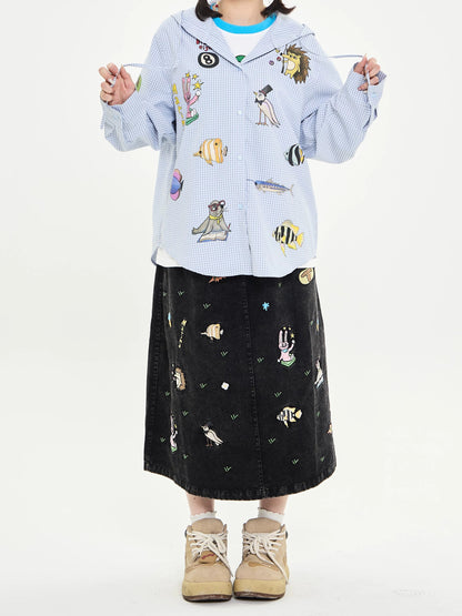 Robootoo - Embroidered Animal Denim A-Line Skirt