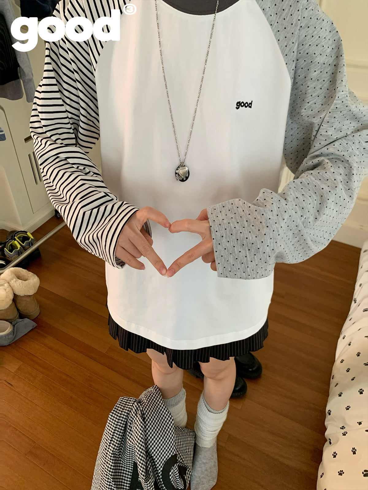 Meihao Store - Striped Polka Dot Patchwork Long Sleeve T-Shirt