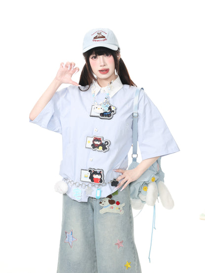 Languid Park - Cat Embroidered Bow Shirt shirt Languid Park