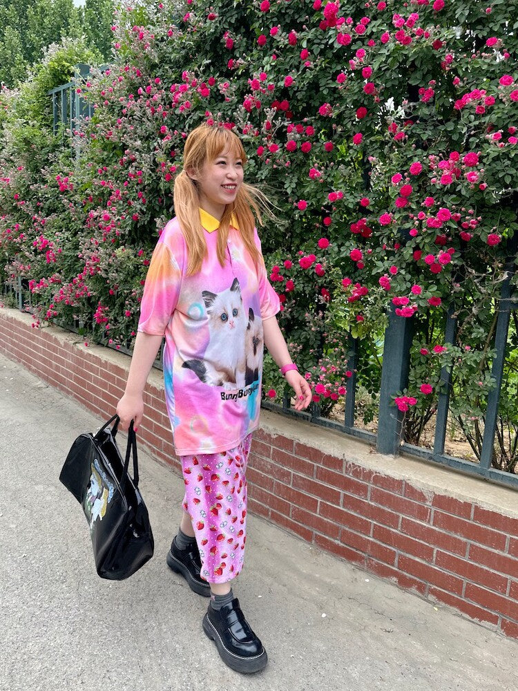 bunnybunnygun - Cat Mesh Oversize Polo Shirt shirt bunnybunnygun