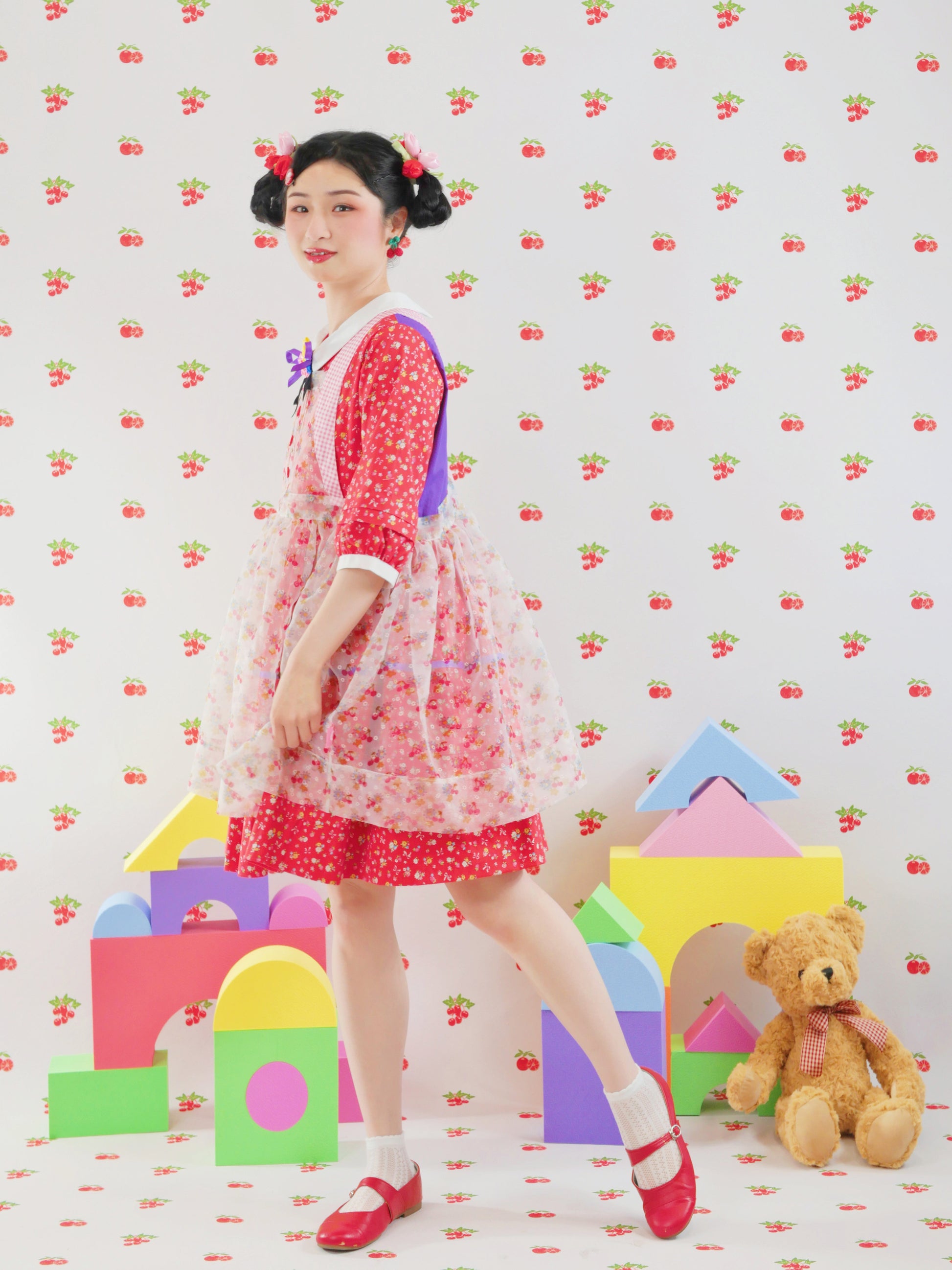 GOODBABY - Sheer Cherry Puff Cover Top overskirt dress