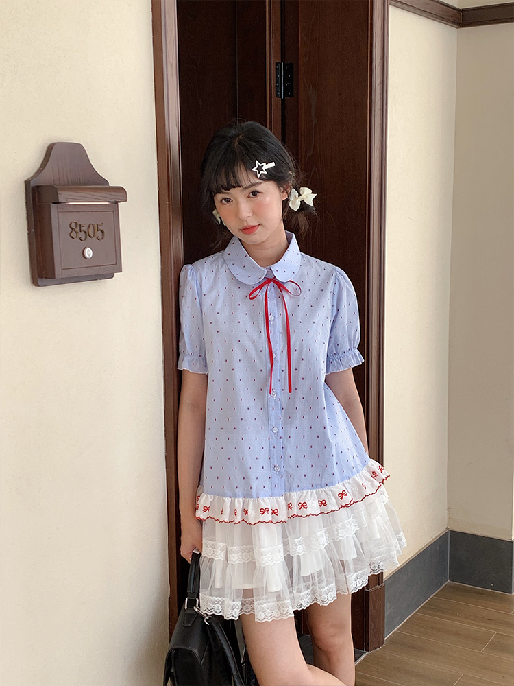 Mameya - Kawaii Lace Collar Blouse Blue Striped Ribbon Cotton shirt Mameya