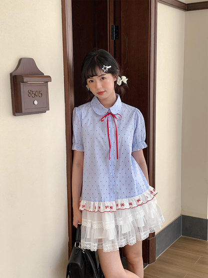 Mameya - Kawaii Lace Collar Blouse Blue Striped Ribbon Cotton shirt Mameya