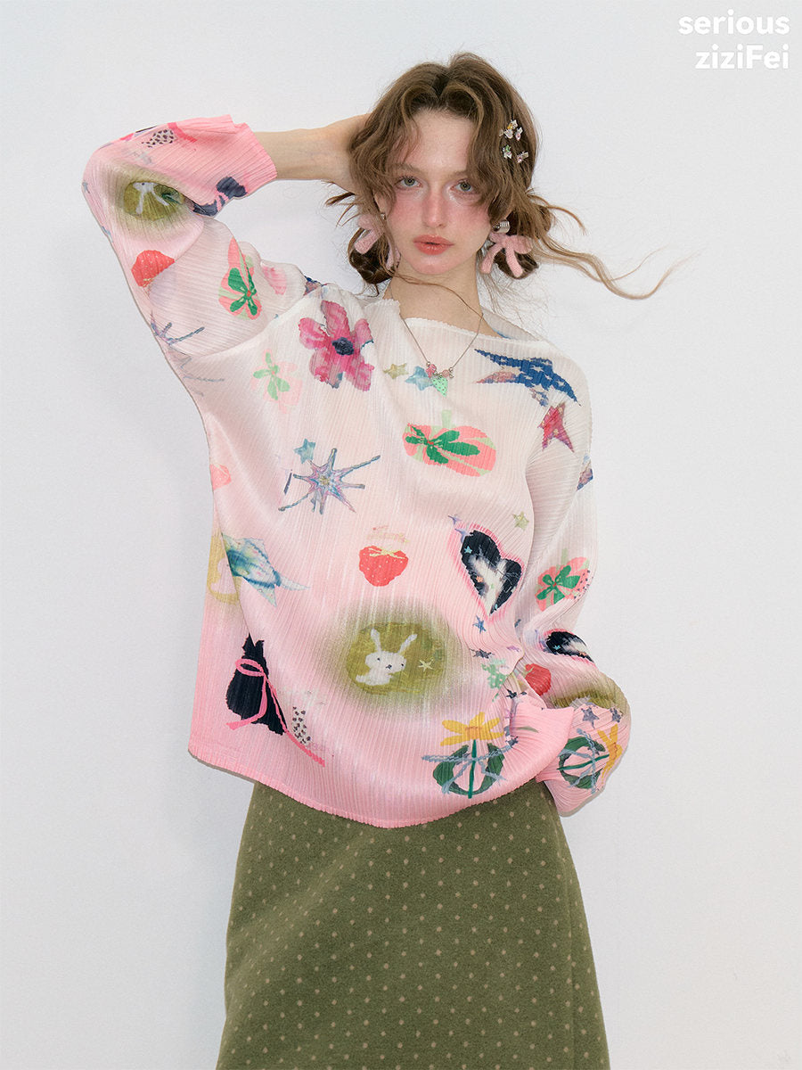 ziziFei - Pink Y2K Graphic Pleated Long Sleeve Top shirt ziziFei