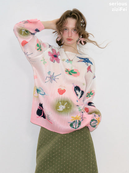 ziziFei - Pink Y2K Graphic Pleated Long Sleeve Top shirt ziziFei