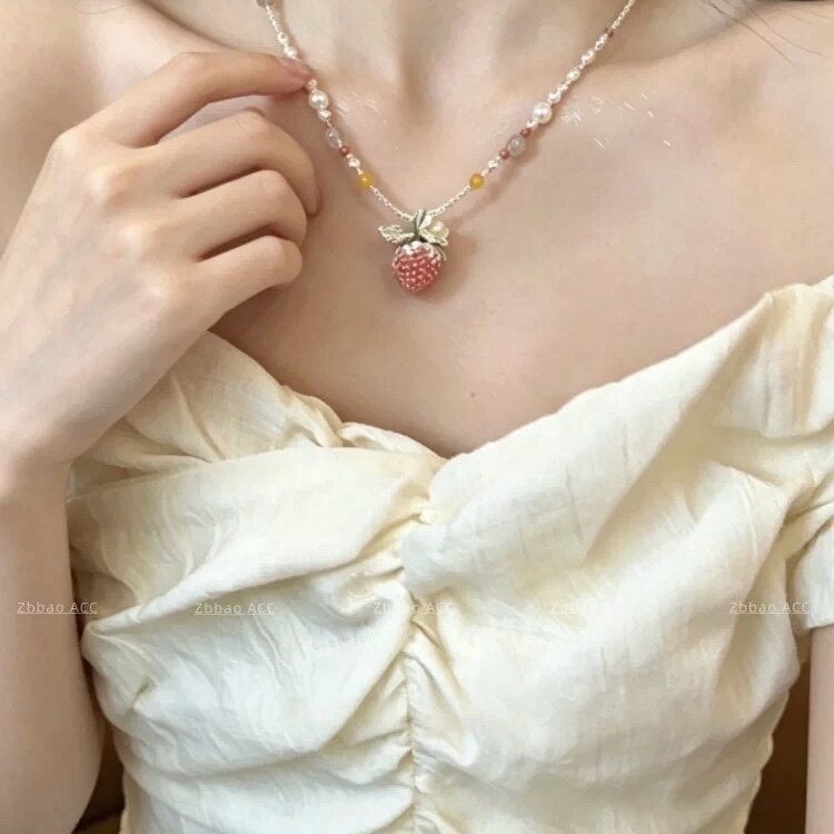 Kiwi Store - Pearl Flower Strawberry Beaded Necklace Keychain necklace kiwi store