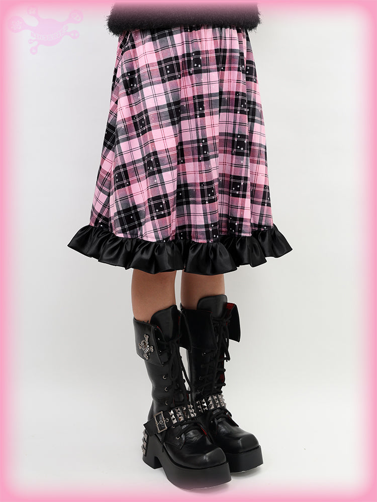 Nihon Kids - Pink Gothic Star Plaid Flared Skirt skirt NIHON KIDS