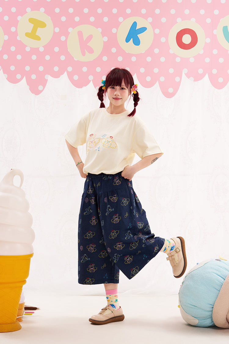 NIKKOU Kawaii Denim Cropped Pants | Harajuku Embroidered Capri Pants pants Nikkou home