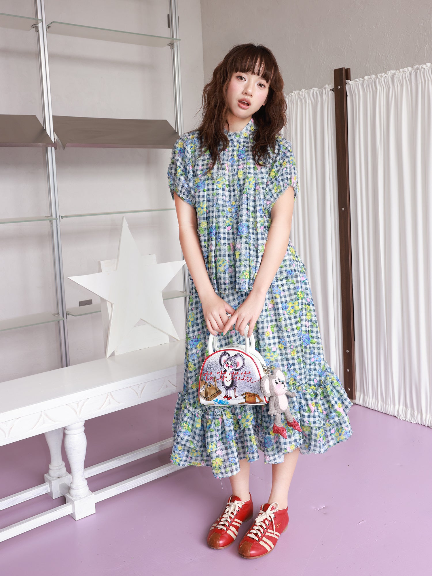 tntntutu Blue & White Plaid Floral Shirt and Mermaid Hem Skirt Set set tntntutu