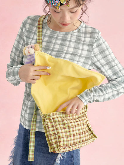 tntntutu - Yellow Plaid Cat & Mouse Messenger Bag bag tntntutu