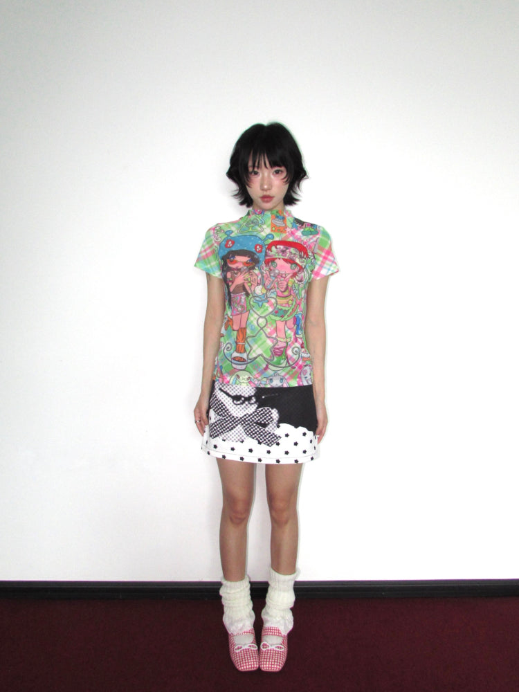 OurHappy Harajuku Skirt | Retro Dot & Star Cat Print Skirt skirt Our Happy