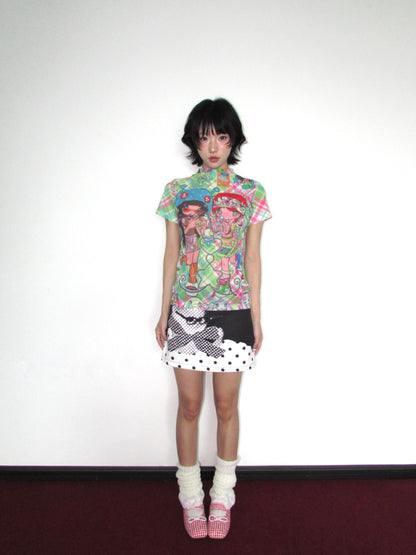 OurHappy Harajuku Skirt | Retro Dot & Star Cat Print Skirt skirt Our Happy