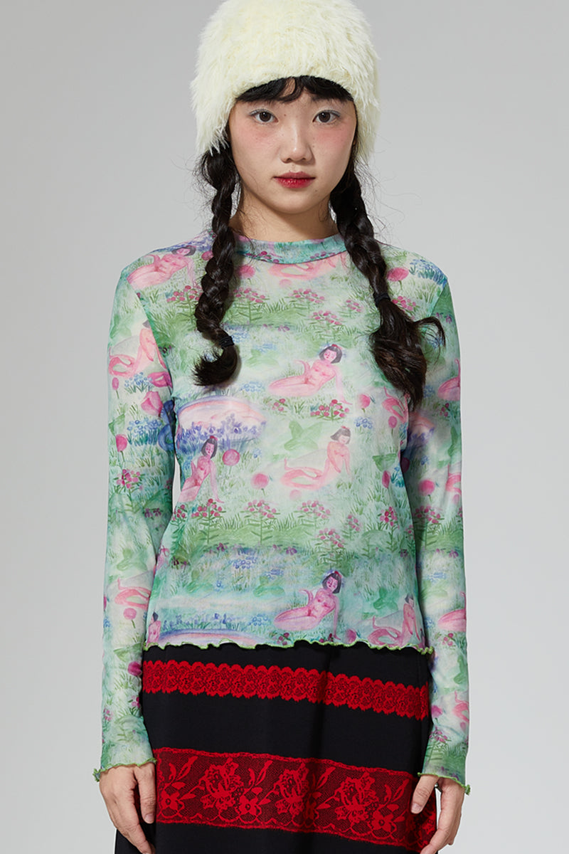 Harajuku Undershirt Green Floral Snake Shirt Long Sleeve Hand Painted Undershirt shirt Moon Meadow