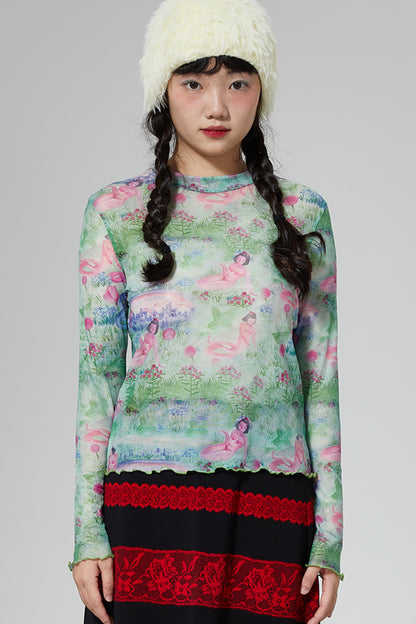 Harajuku Undershirt Green Floral Snake Shirt Long Sleeve Hand Painted Undershirt shirt Moon Meadow