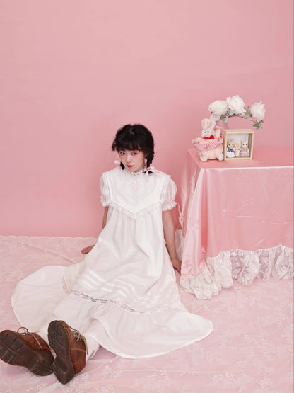 SemenCoicis - Vintage Floral Embroidered Pleated White Dress Retro Girl Style dress SemenCoicis