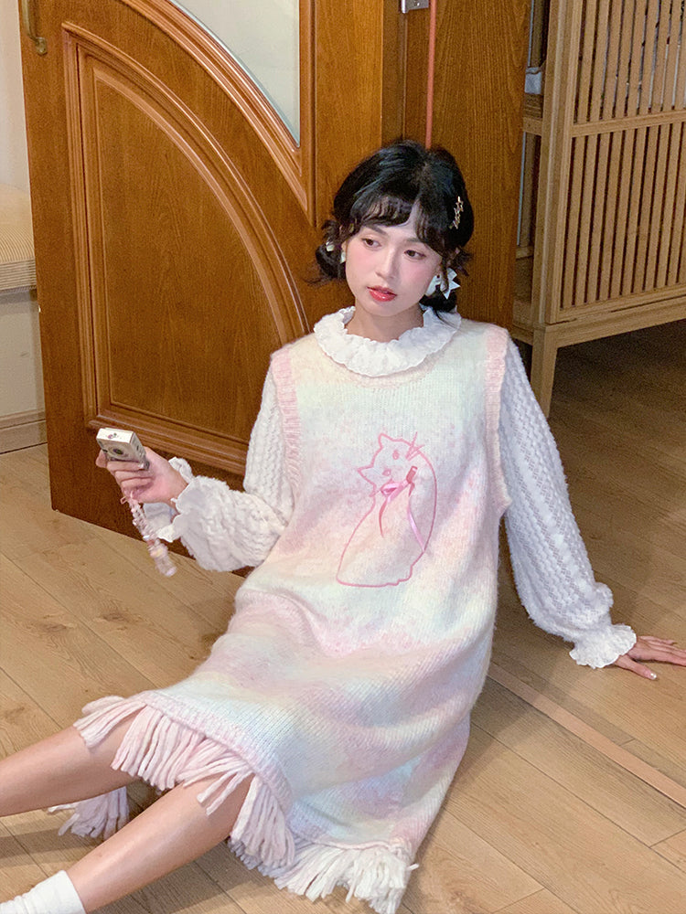 Mameya - Kawaii Pink Cat Knit Sweater Dress Sleeveless Loose Long dress Mameya