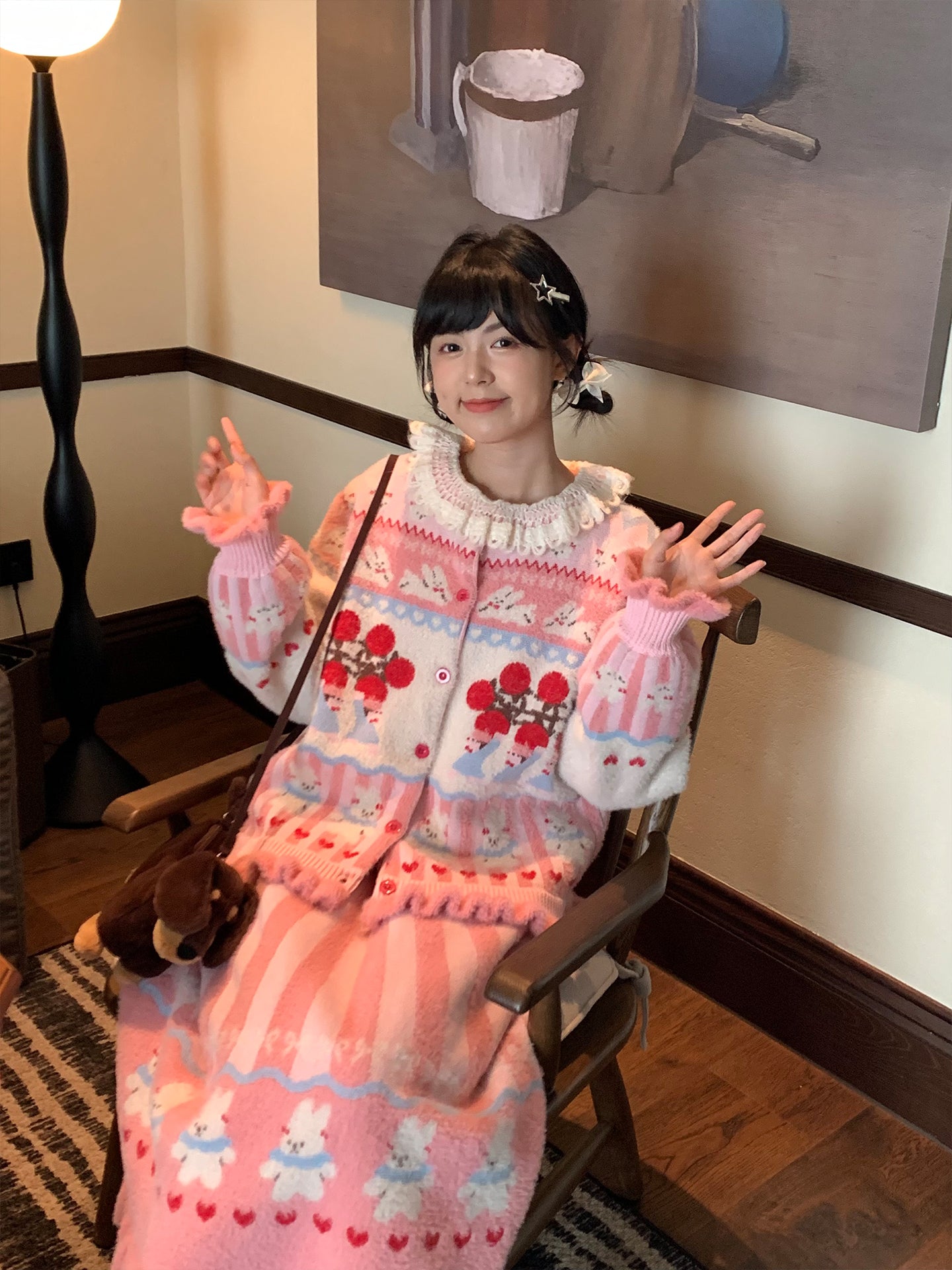 Mameya - Kawaii Pink Bunny Knit Cardigan Skirt Set set Mameya