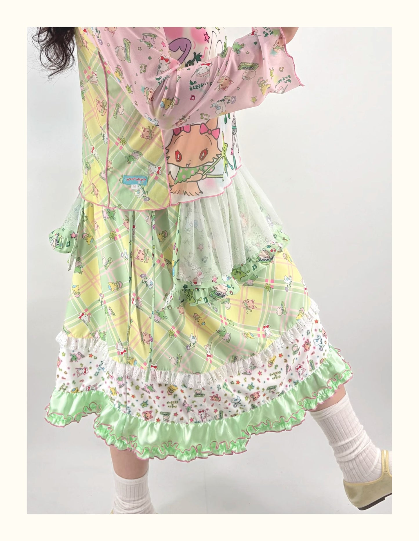Shishihshop Green Plaid Patchwork Midi Skirt | Harajuku Vintage Ruffle Skirt skirt shishihshop