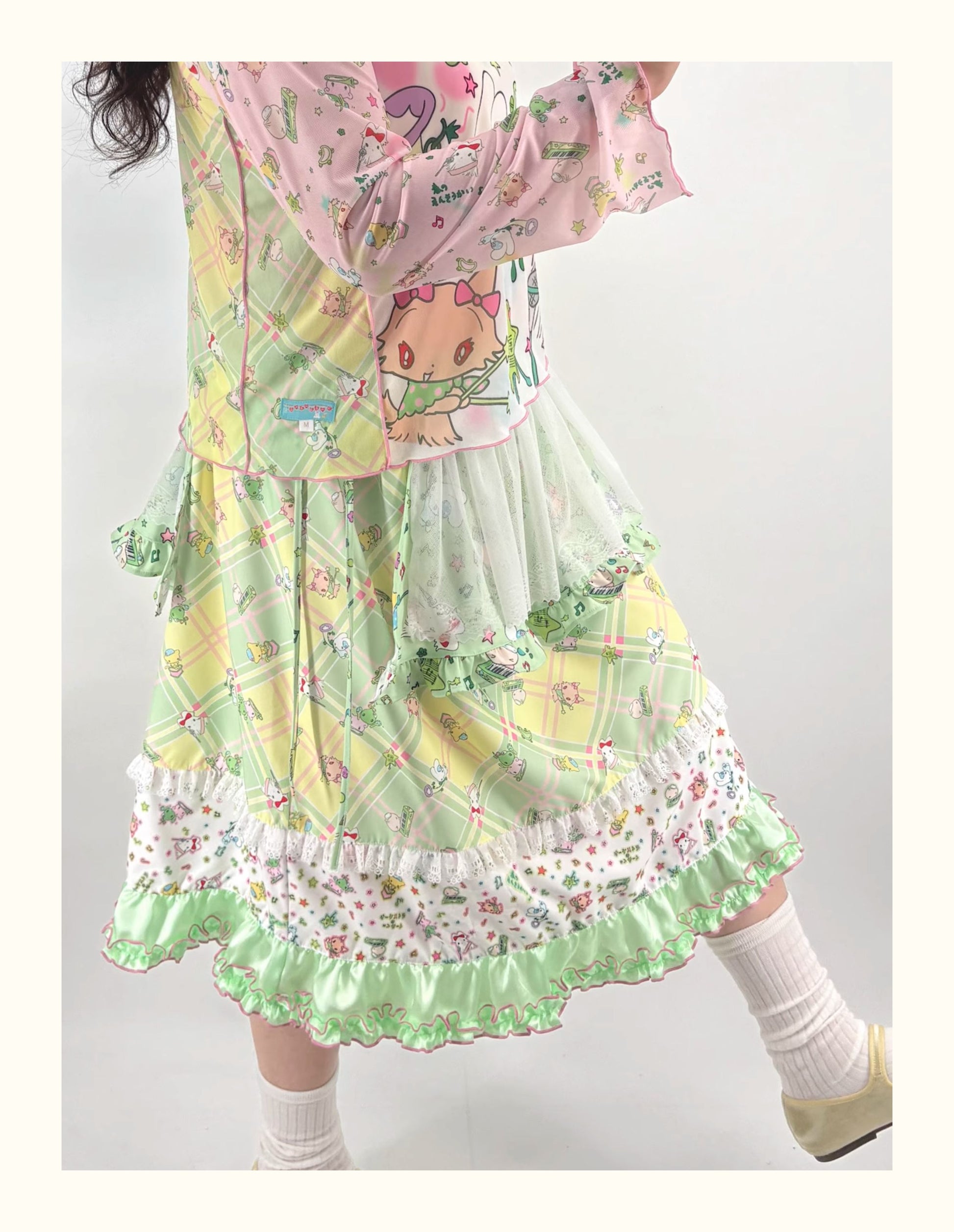 Shishihshop Green Plaid Patchwork Midi Skirt | Harajuku Vintage Ruffle Skirt skirt shishihshop