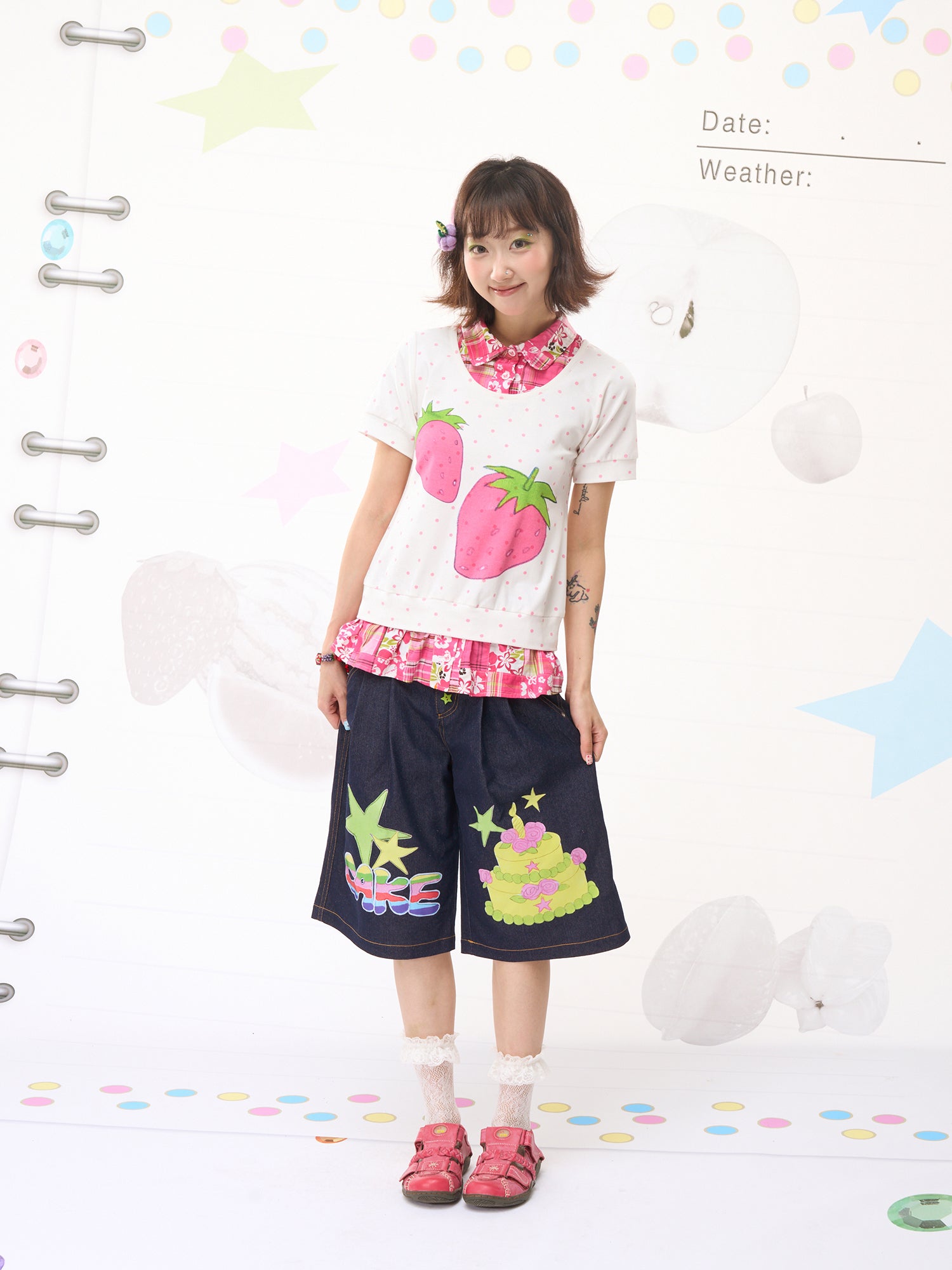 FRUITS Fun Cake Star Print Pants | Wide-Leg Denim Shorts pants Fruits