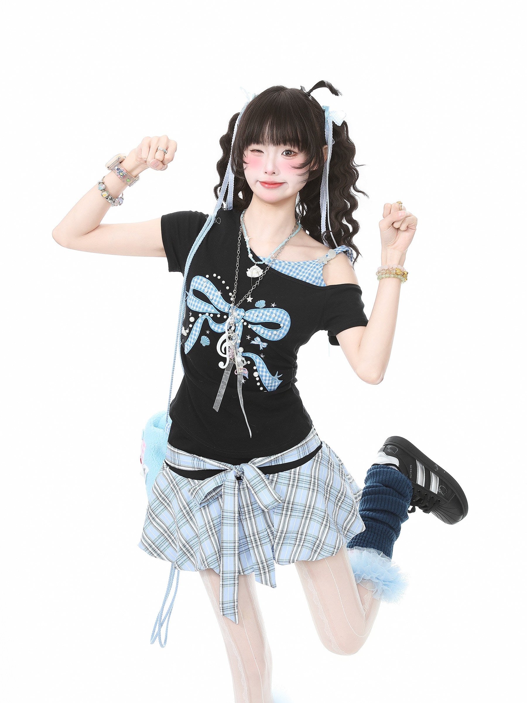 Languid Park - Plaid Rhinestone Off Shoulder Tee shirt Languid Park