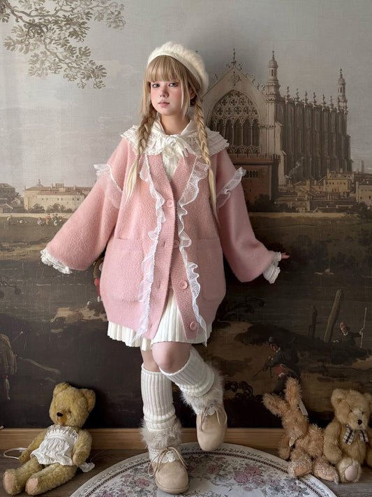 Labeau - Kawaii Lace Plush Knit Cardigan cardigan Labeau Pink