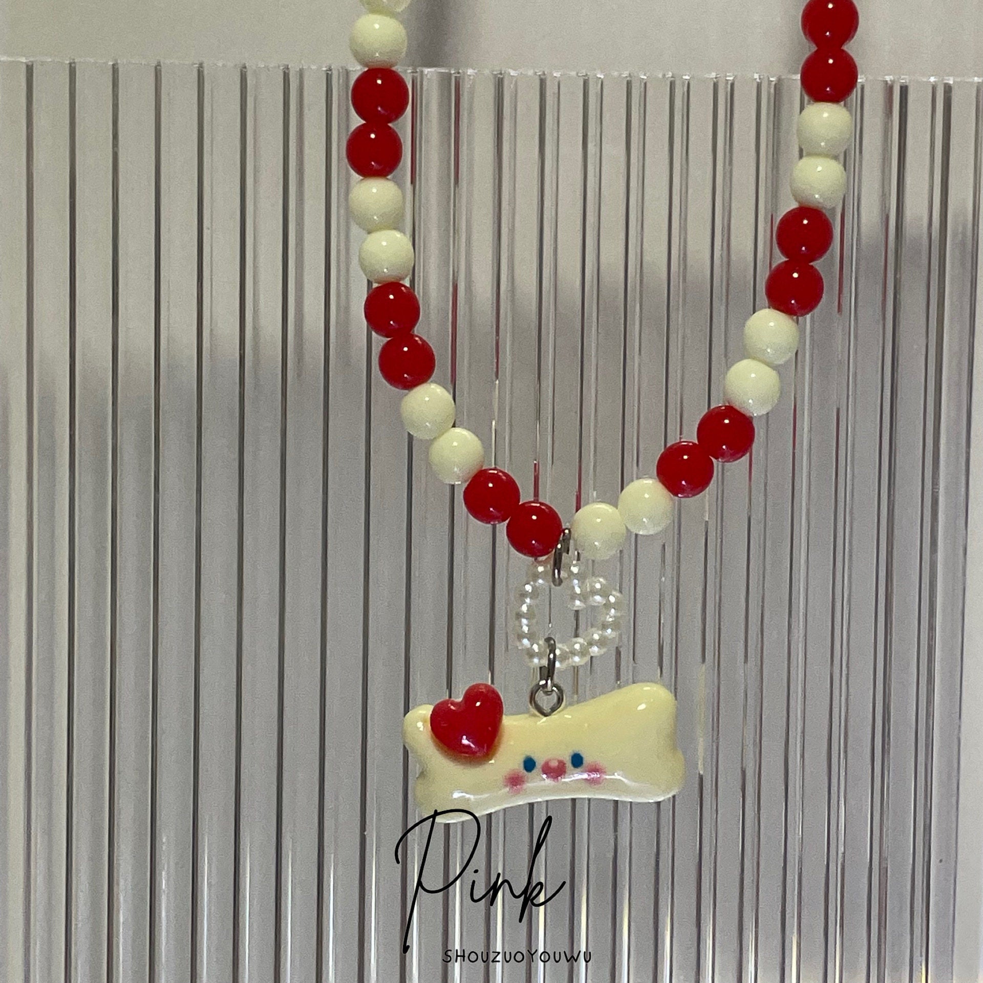 Puppy Bone Beaded Heart Necklace necklace pink