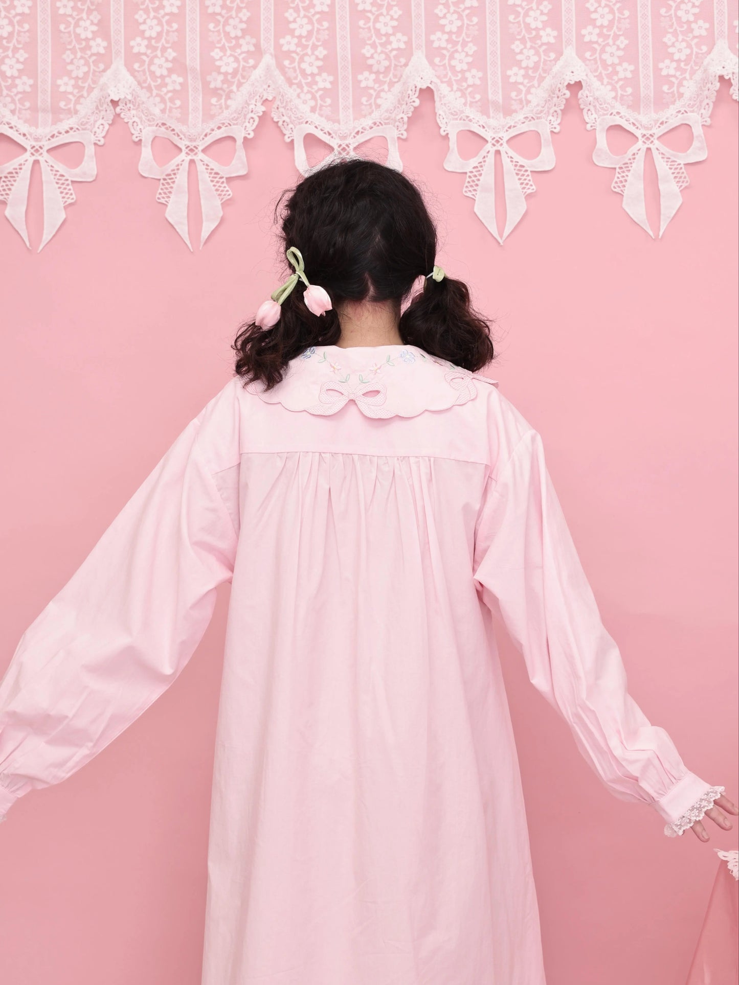 SemenCoicis - Kawaii Embroidered Dress - Pink Cotton Lace Trim dress SemenCoicis