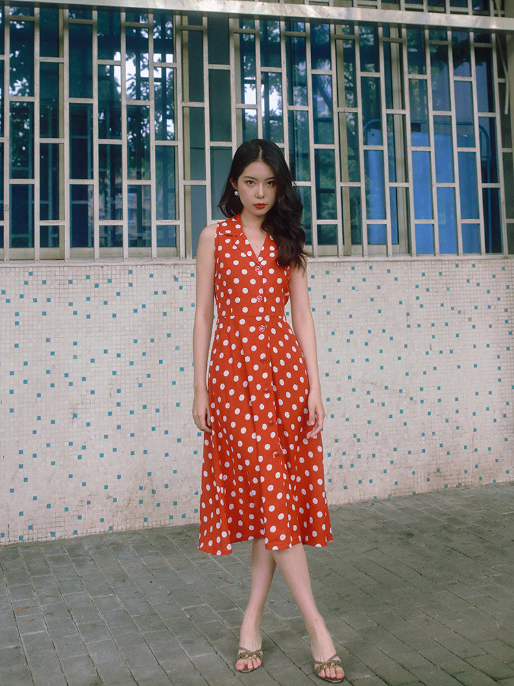 Nanjun Vintage - Red Polka Dot Chiffon Maxi Dress dress Nanjun Vintage