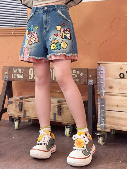 Robootoo - Embroidered High Waist Denim Shorts