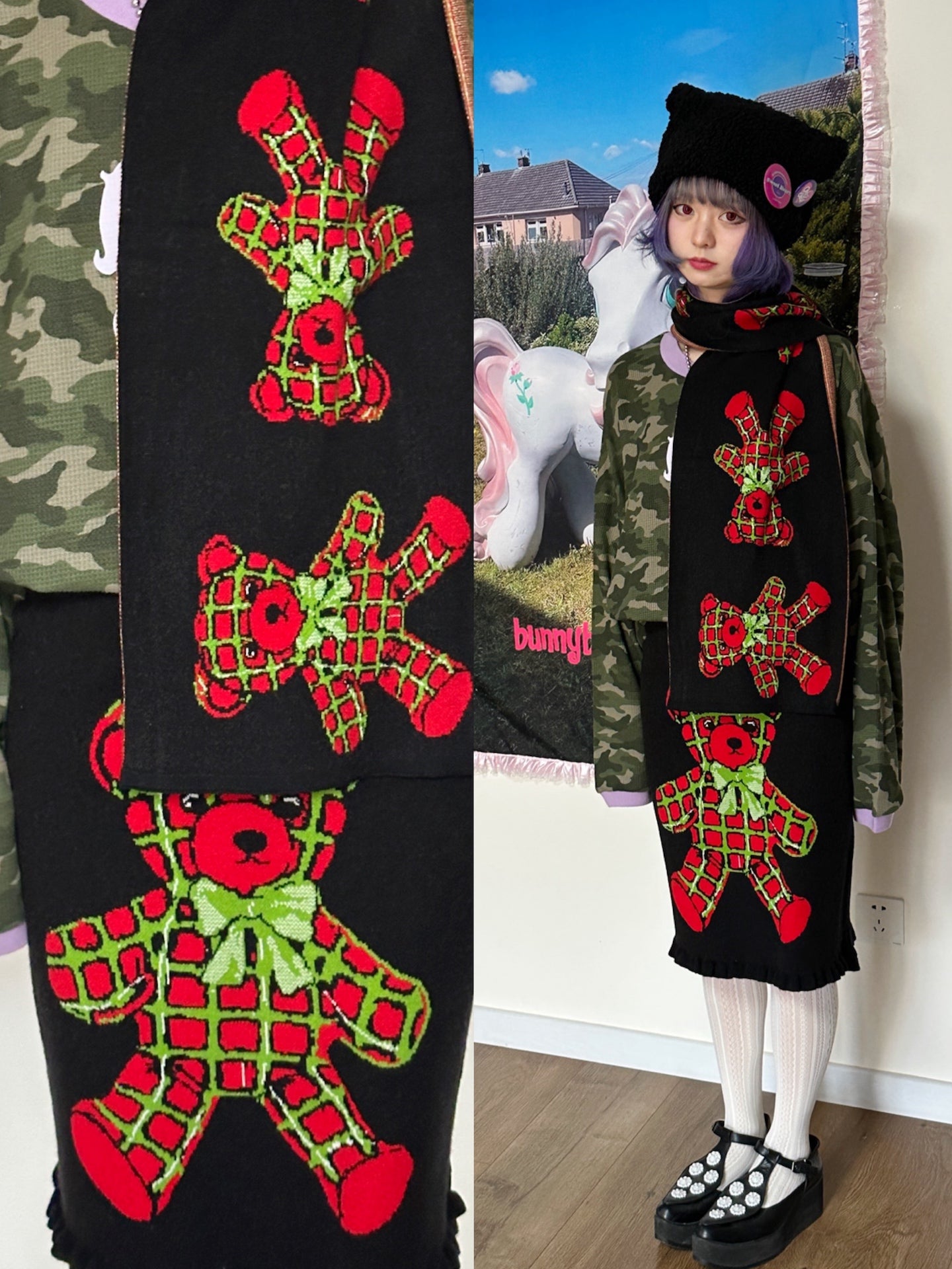 bunnybunnygun - Harajuku Christmas Bear Knit Skirt Scarf Set skirt bunnybunnygun