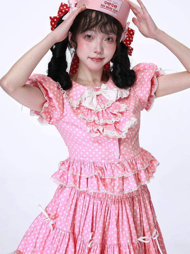SOS MEME CLUB - Showa Vintage Kawaii Pink Polka Dot Shirt blouse SOS MEME CLUB